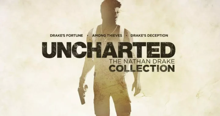 Portada de Uncharted: The Nathan Drake Collection, donde el protagonista sale difuminado en un fondo de color arena.