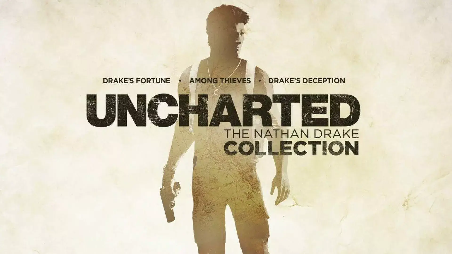 Portada de Uncharted: The Nathan Drake Collection, donde el protagonista sale difuminado en un fondo de color arena.