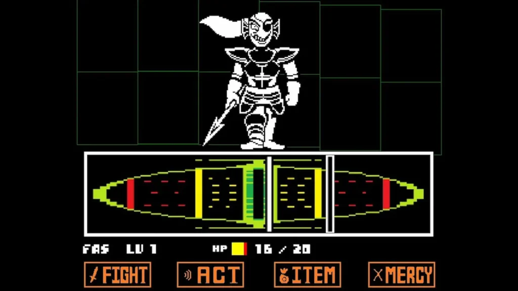 La Undyne guerrera, un personaje clave con armadura y casco, está en la interfaz de batalla característica de Undertale en modo monocromo.