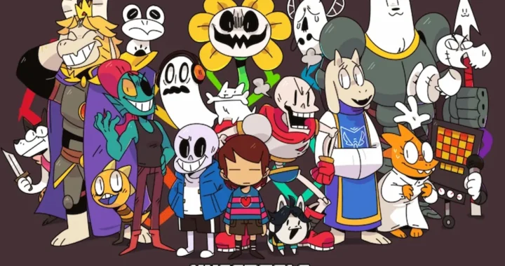 Una ilustración promocional de Undertale muestra a Frisk en el centro, rodeado de una gran variedad de monstruos con diseños únicos.