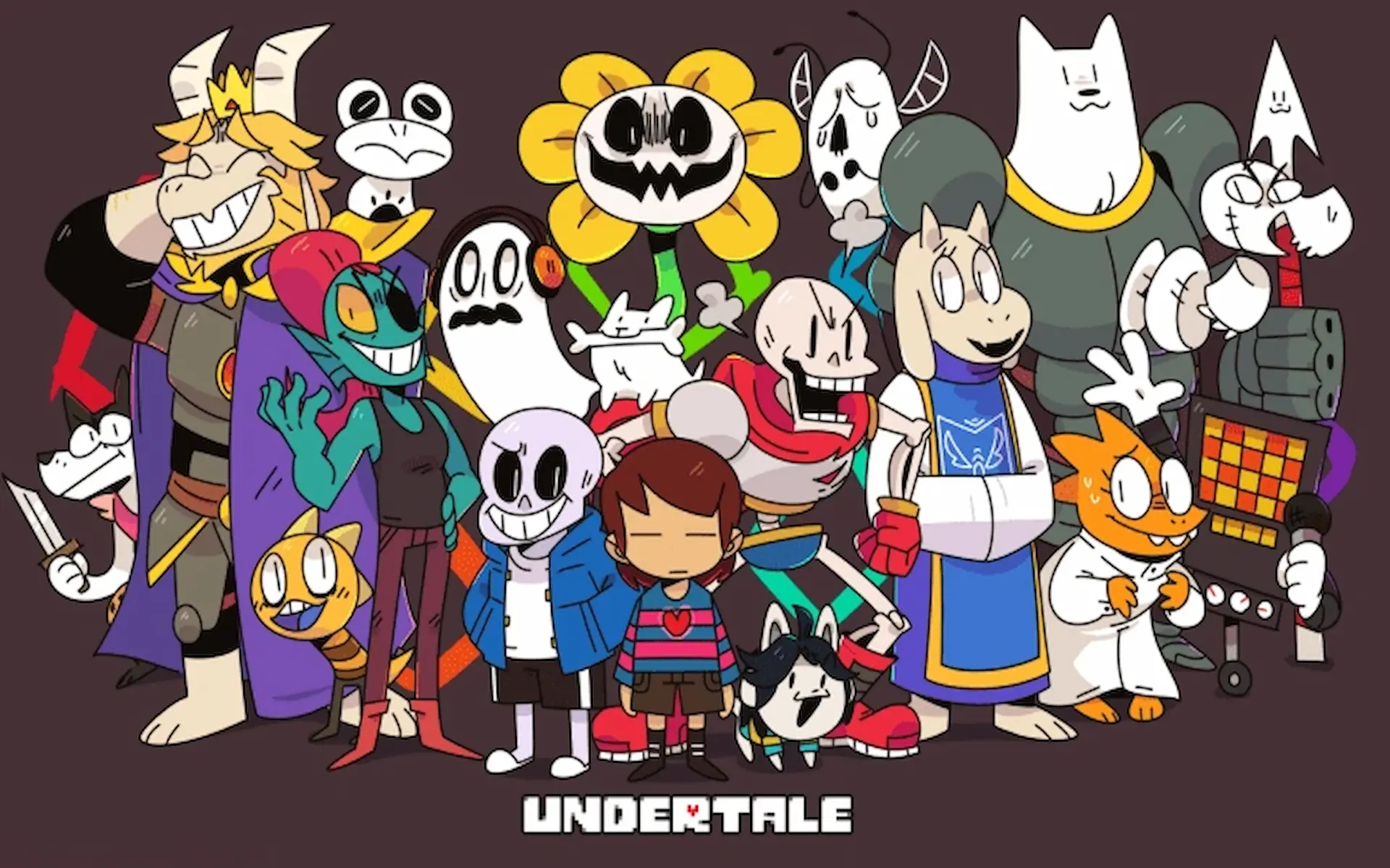 Una ilustración promocional de Undertale muestra a Frisk en el centro, rodeado de una gran variedad de monstruos con diseños únicos.