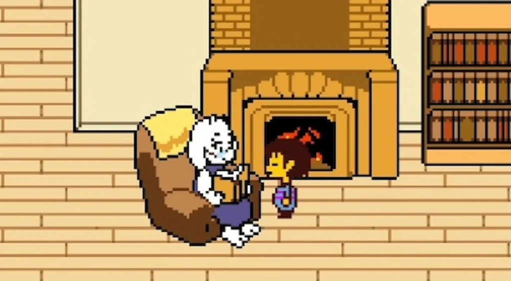 El personaje principal (Frisk) habla con Toriel (cabra blanca) sentados en una sala junto a una chimenea en el prólogo de Undertale.