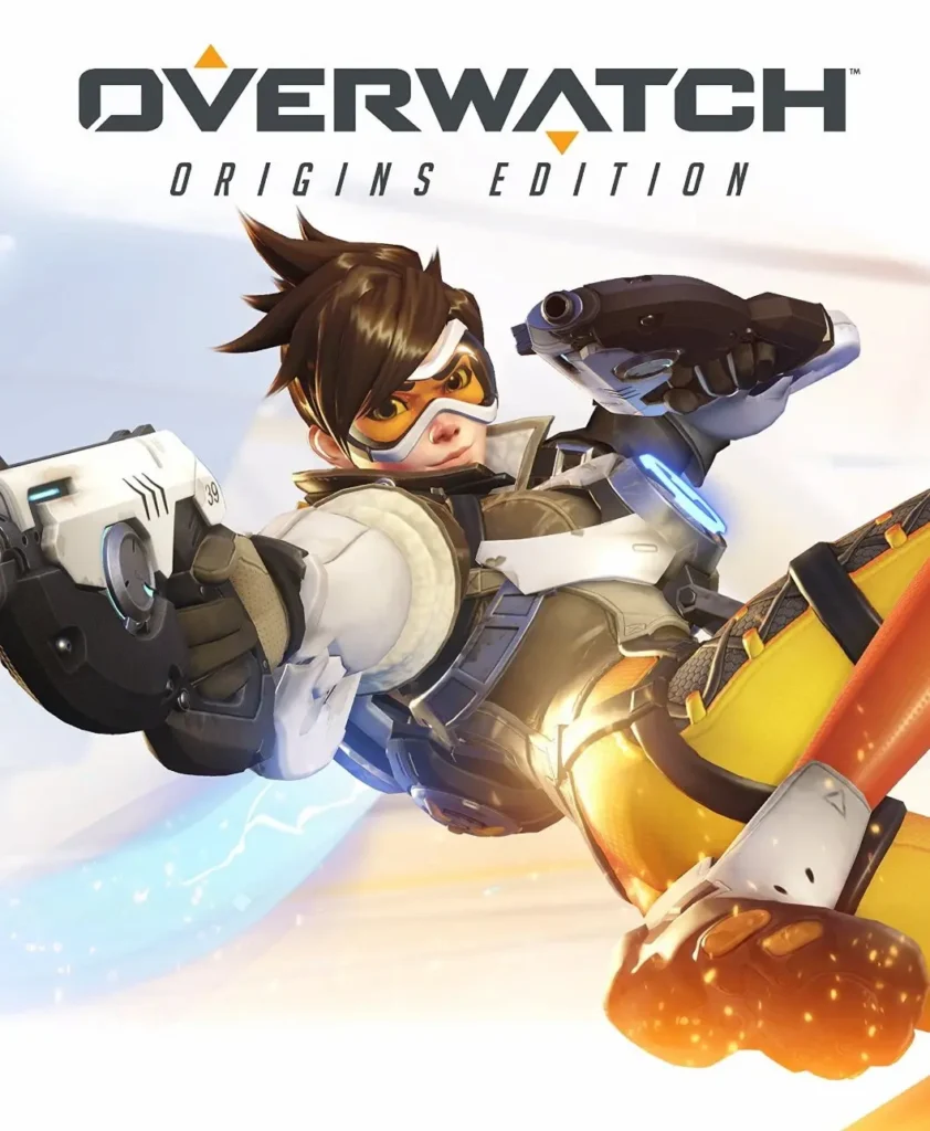 Tracer dispara sus armas mientras salta en la portada oficial del videojuego Overwatch Origins Edition.