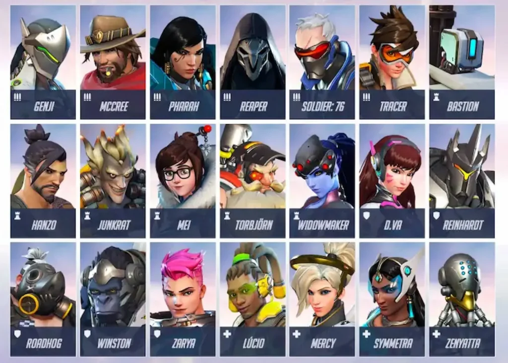 Pantalla de selección de héroes de Overwatch mostrando los retratos de personajes como Genji, McCree y Tracer.