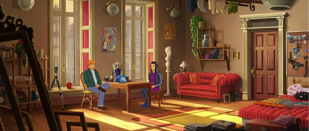 Escena de aventura gráfica con dos personajes conversando en un salón, ejemplo de juego sin metagame.