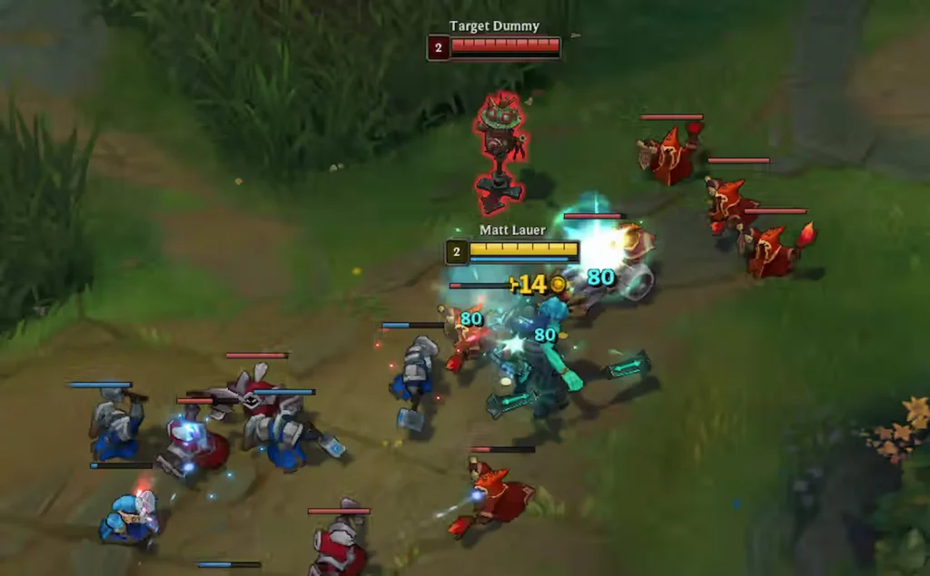 Captura de metagame en League of Legends con varios campeones en combate y contadores de daño visibles.