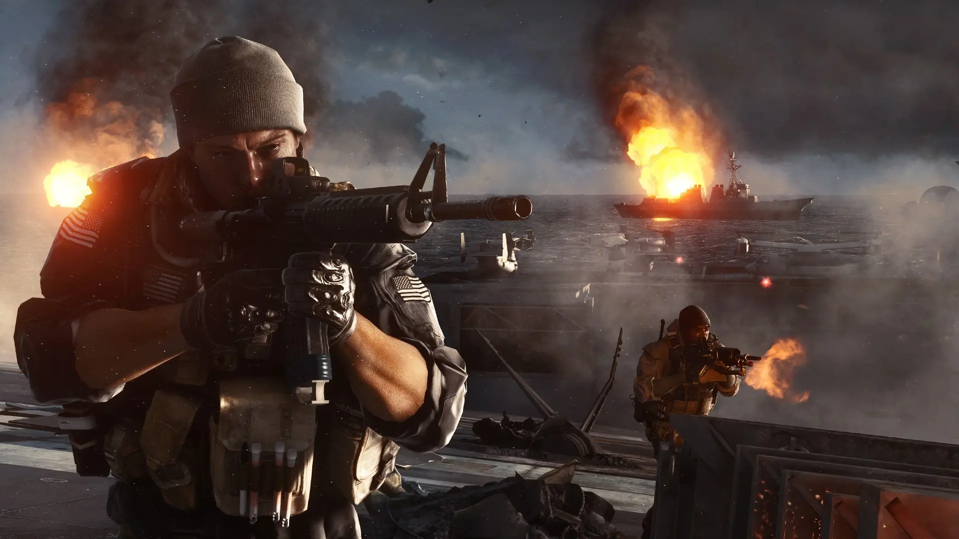 Do soldados avanzando por una ciudad en llamas, simbolizando los problemas de Battlefield 4 en PC.