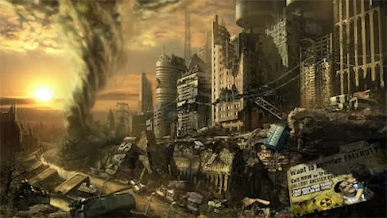Una ciudad destruida en un atardecer marrón, seña de que la guerra nunca cambia en Fallout.