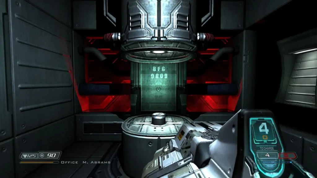 El jugador en Doom 3 encuentra la legendaria BFG 9000 dentro de un laboratorio futurista iluminado con luces rojas.