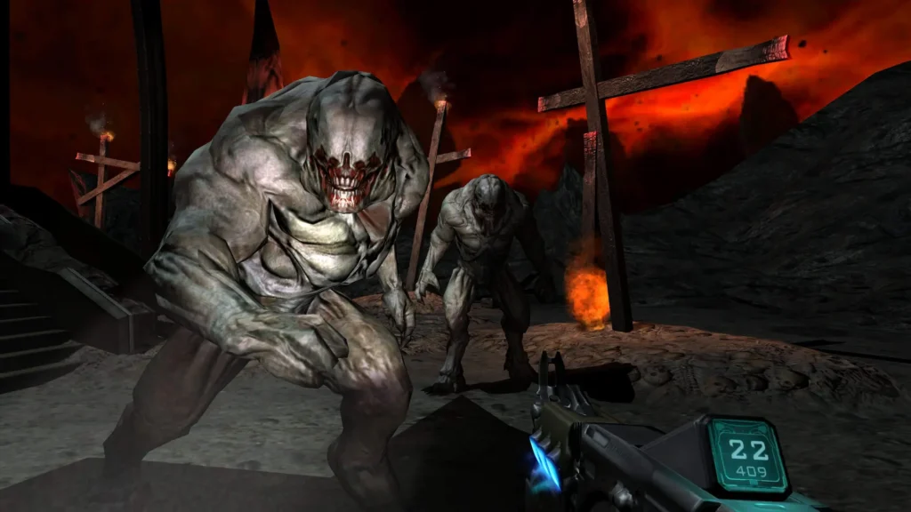 Dos Caballeros Infernales de Doom 3 avanzan hacia el jugador en un paisaje oscuro y rojizo, con cruces ardientes al fondo.