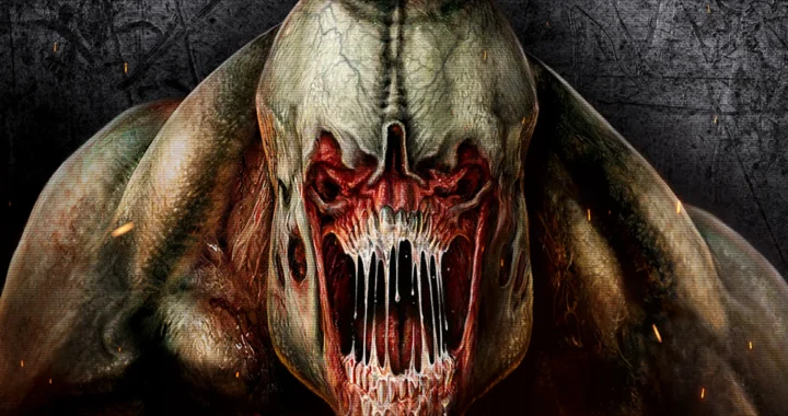 Un Caballero Infernal de Doom 3 muestra de cerca su rostro deformado y amenazante, con fauces abiertas y aspecto monstruoso.