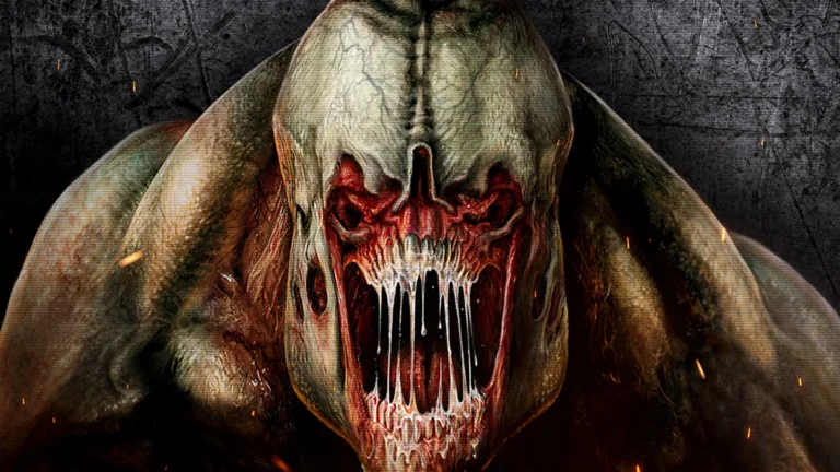 Un Caballero Infernal de Doom 3 muestra de cerca su rostro deformado y amenazante, con fauces abiertas y aspecto monstruoso.