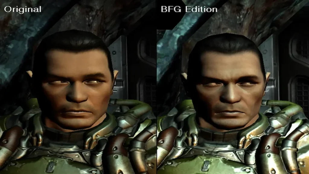 Comparativa de Doom 3 entre la versión original y la BFG Edition, mostrando al marine protagonista con diferencias gráficas en el rostro.