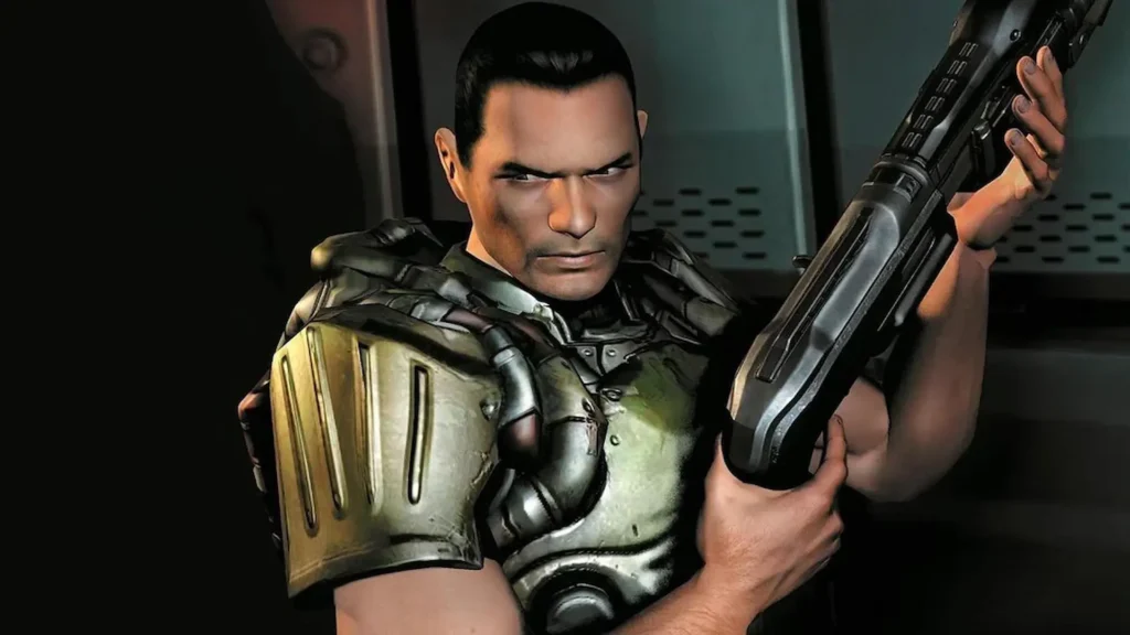 El marine protagonista de Doom 3 aparece sosteniendo una escopeta con gesto serio, preparado para enfrentarse a los demonios.