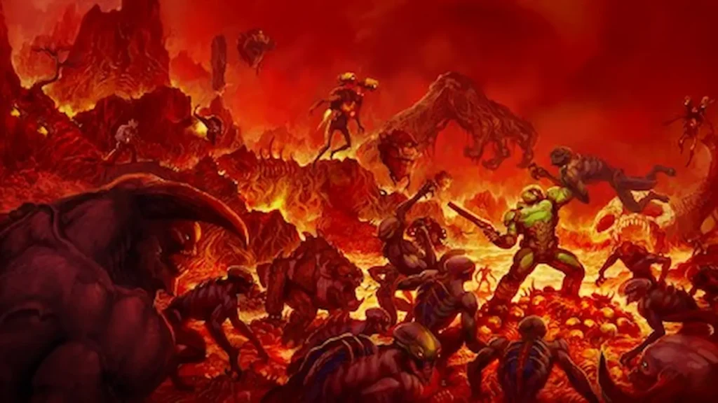 El Doom Slayer lucha contra una horda de demonios en un paisaje infernal rojo, rodeado de lava, cráneos y montañas ardientes.