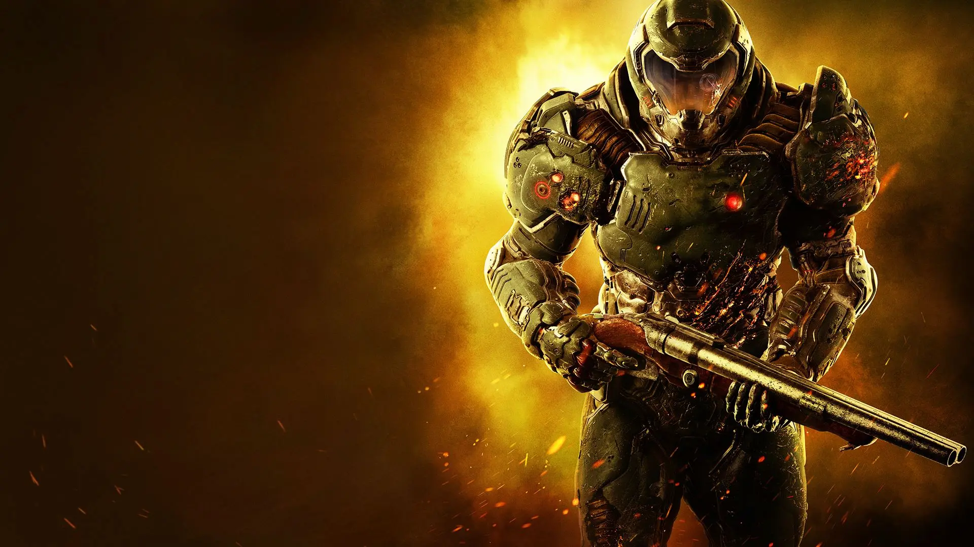 El protagonista de Doom (2016), armado con una escopeta, avanza entre llamas con su armadura de combate dañada.