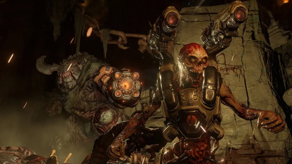 Un Revenant de Doom (2016) aparece armado con lanzacohetes sobre los hombros, acompañado por un enorme Barón del Infierno al fondo.