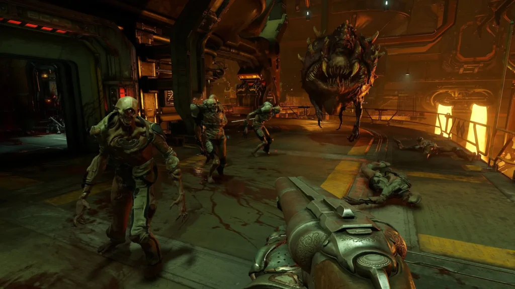 El jugador en Doom (2016) apunta con su escopeta mientras varios demonios, incluido un Cacodemon flotante, lo rodean en un pasillo industrial.