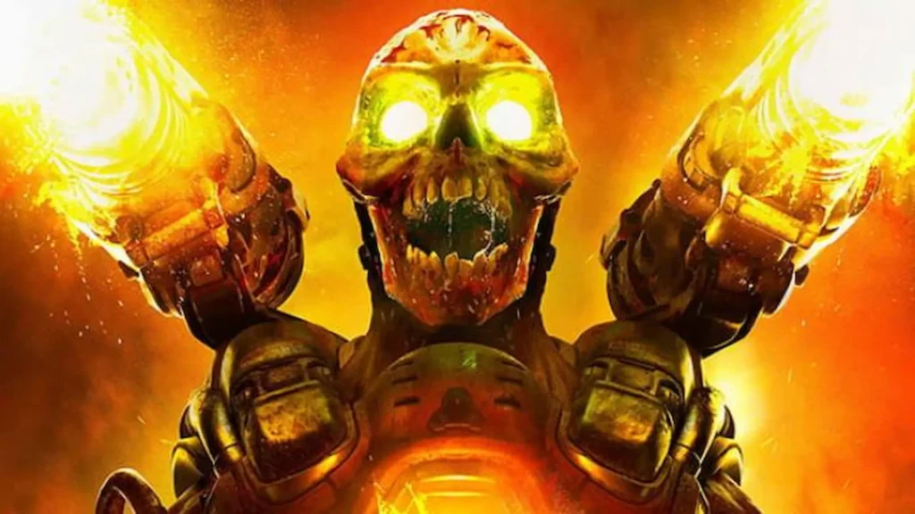 Un Revenant de Doom (2016) dispara sus lanzacohetes gemelos mientras sus ojos brillan intensamente entre llamas.
