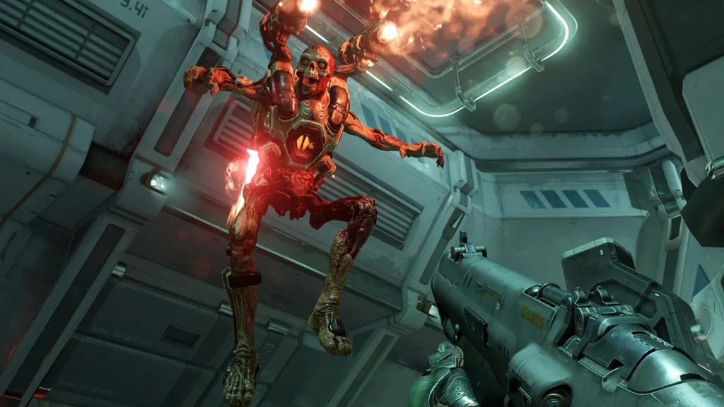 Un Revenant de Doom (2016) salta en un pasillo futurista disparando misiles, mientras el jugador lo apunta con la escopeta.