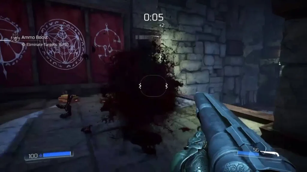 El jugador en Doom (2016) dispara su escopeta en un desafío cronometrado, dejando una nube de sangre frente a símbolos demoníacos rojos.