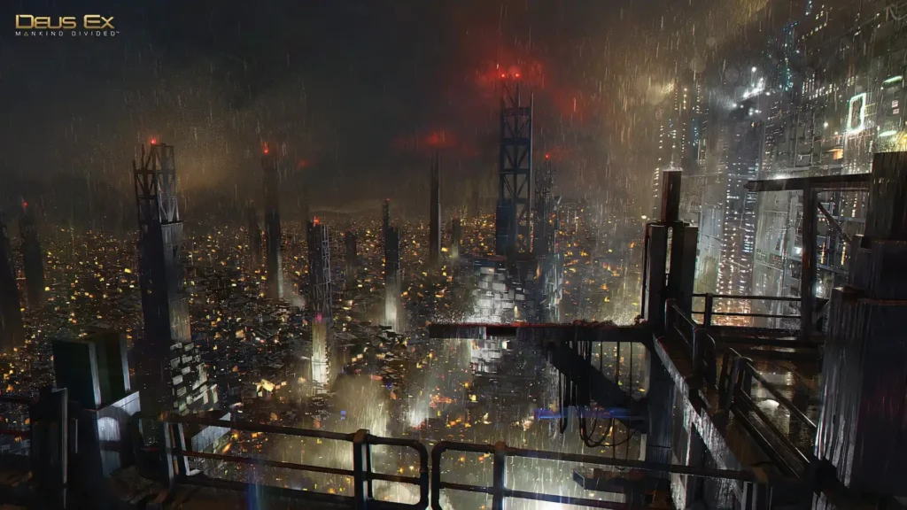 Vista nocturna de Golem City bajo la lluvia, con torres iluminadas y ambiente opresivo en Deus Ex: Mankind Divided.