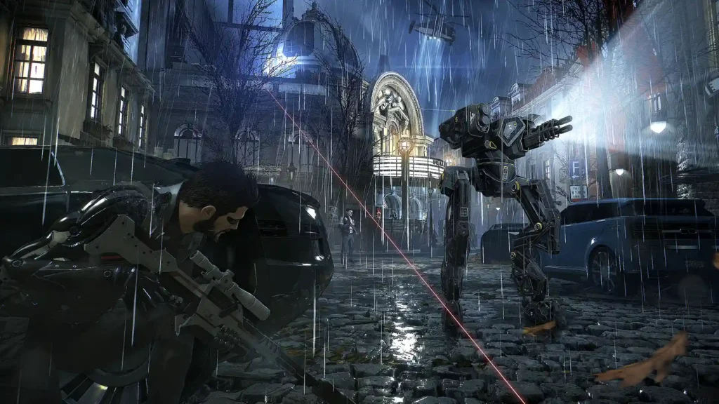 Adam Jensen se cubre de un robot de seguridad armado mientras llueve en las calles de Praga en Deus Ex: Mankind Divided.