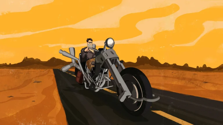 Ben, protagonista de Full Throttle, conduciendo su moto por la carretera al atardecer.