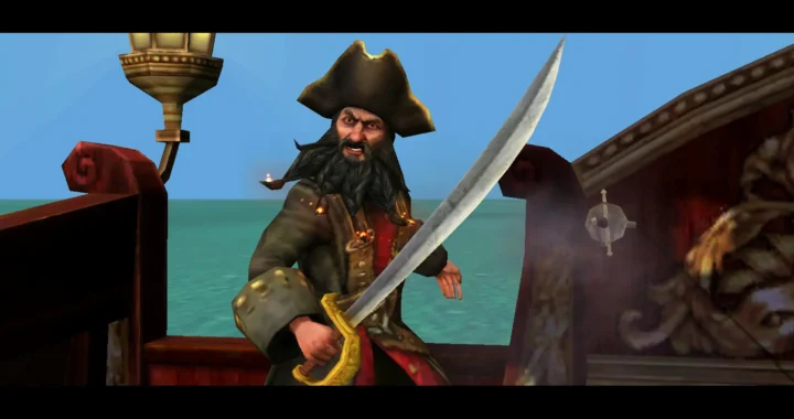 Un pirata con barba negra sosteniendo una espada con pose amenazante en su barco, recordándonos la era dorada de los videojuegos de piratas.