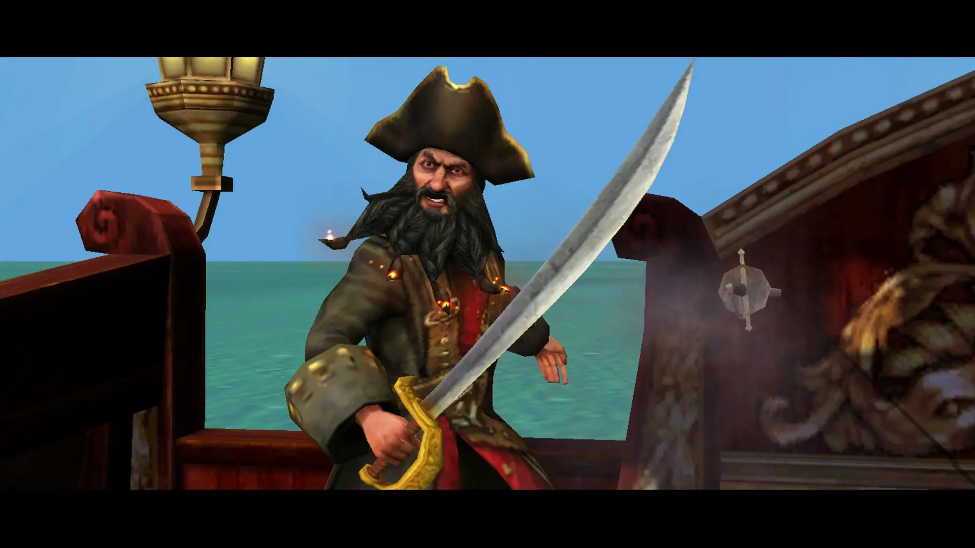 Un pirata con barba negra sosteniendo una espada con pose amenazante en su barco, recordándonos la era dorada de los videojuegos de piratas.
