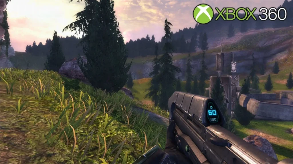 Un jugador apunta con su rifle futurista en un paisaje natural de Hazlo: Anniversary para celebrar 15 años de Xbox.