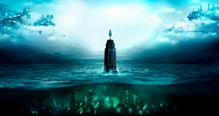 La dualidad de BioShock: The Collection presentada en su portada con Columbia arriba y Rapture en el fono del mar.