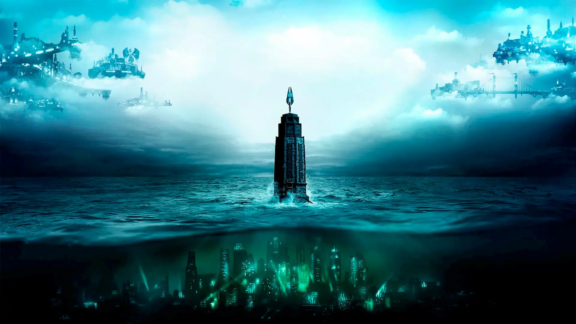 La dualidad de BioShock: The Collection presentada en su portada con Columbia arriba y Rapture en el fono del mar.