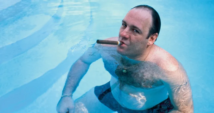 Tony Soprano sumergido en una piscina fumando un puro y mirando con confianza a cámara.