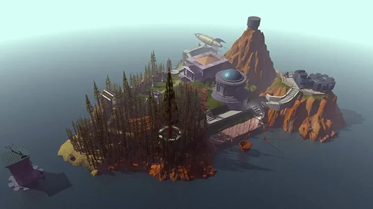 Toma aérea del mapa de un videojuego de la saga de Myst, donde vemos árboles, un observatorio y más edificios.