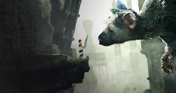 Niño y Trico se miran frente a frente en The Last Guardian con torres en ruinas de fondo.