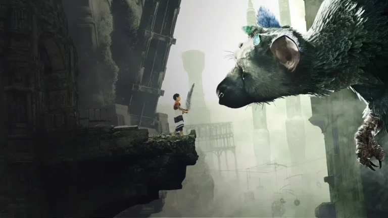 Niño y Trico se miran frente a frente en The Last Guardian con torres en ruinas de fondo.