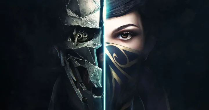 Portada de Dishonored 2 con fondo negro y los rostros de Corvo y Emily partidos.
