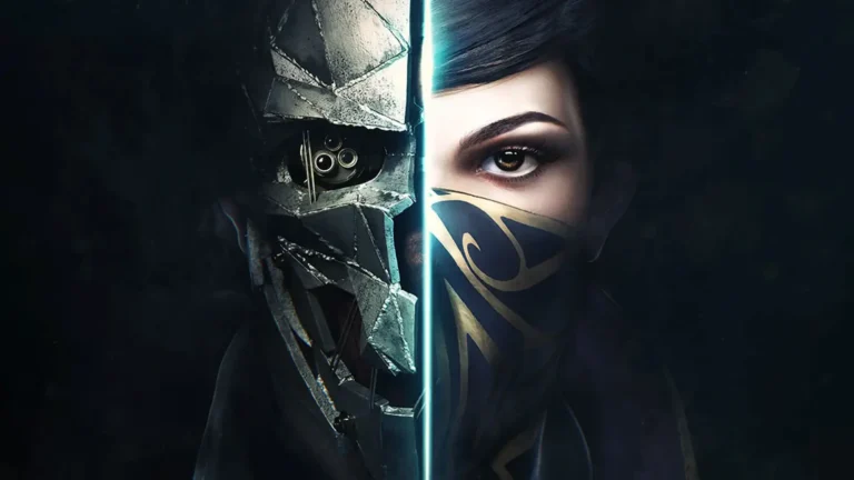 Portada de Dishonored 2 con fondo negro y los rostros de Corvo y Emily partidos.