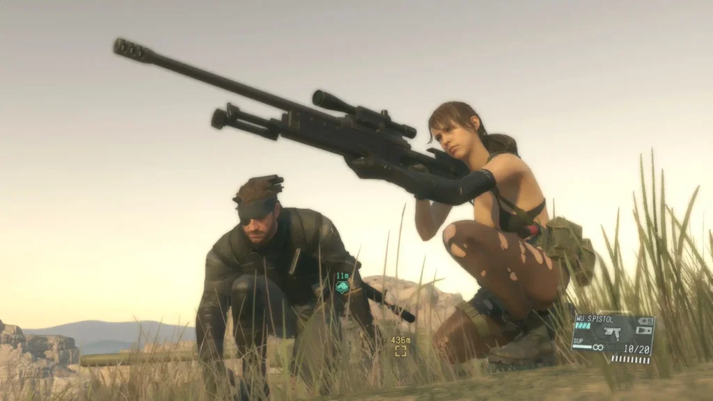 Metal Gear Solid y la representación femenina: No todas son Quiet 2 Venom Snake y Quiet agazapados entre las hierbas y apuntando con su rifle de francotirador en Metal Gear Solid V: The Phantom Pain, como ejemplo de la representación femenina en la saga.