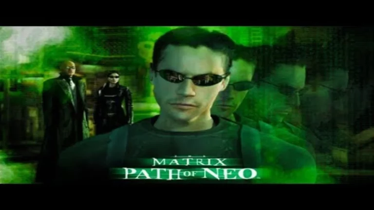 Neo, de Matrix: Path Of Neo, mirando a cámara con otros personajes a su espalda y en un fondo verde y negro.