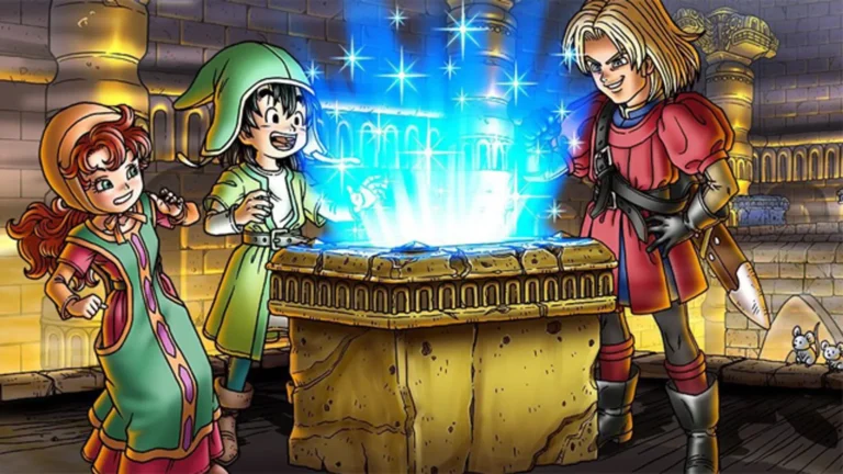 Tres de los protagonistas de Dragon Quest VII abriendo un cofre felices en una mazmorra.