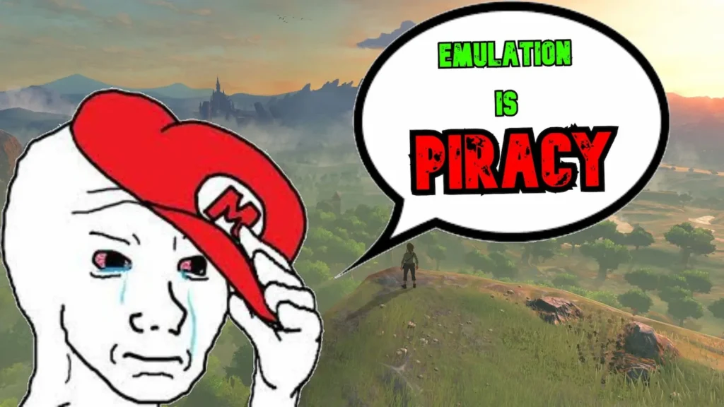 Un meme de Mario llorando dice "Emulation is piracy" sobre el vasto paisaje de Breath of the Wild, resaltando la polémica de si Emular es piratería.