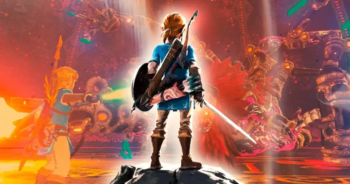 Link se encuentra de espaldas, espada en mano, sobre un terreno elevado mirando a enemigos fantasmales en un escenario ardiente, reflejando el dilema de Emular es piratería.