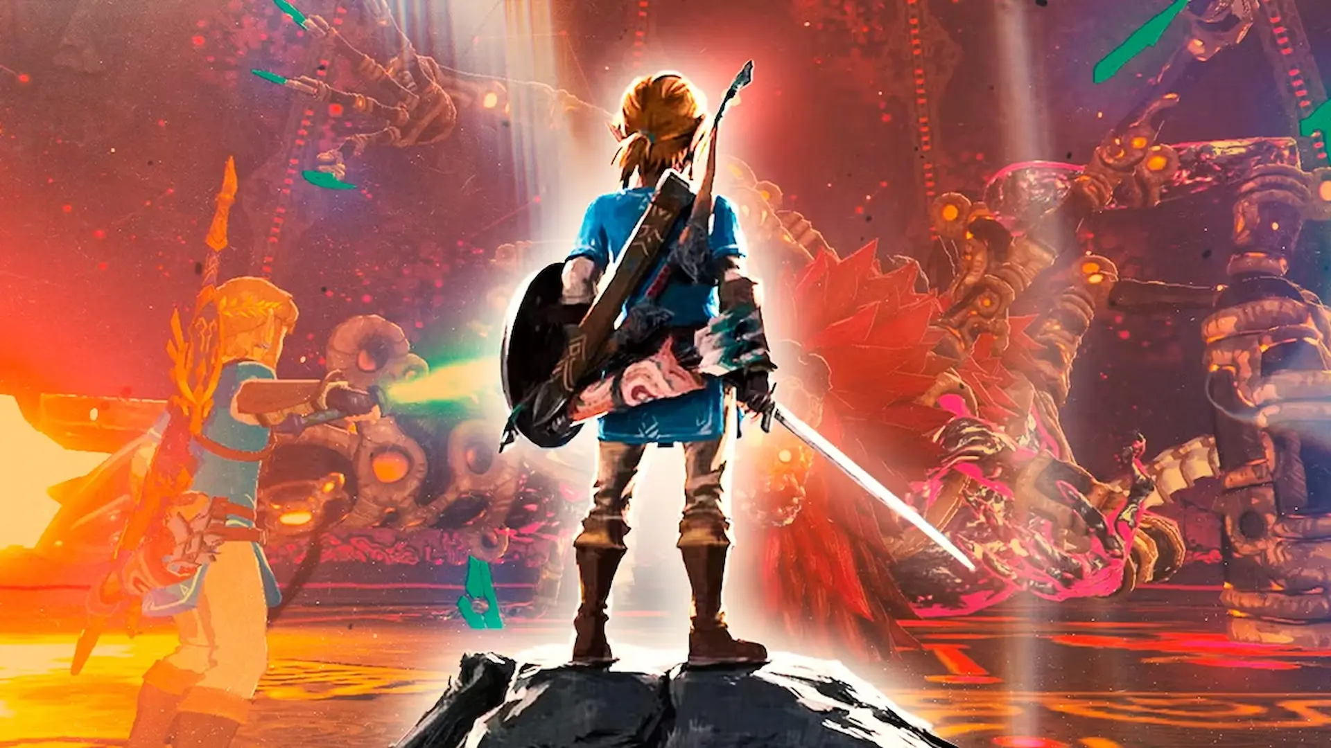 Link se encuentra de espaldas, espada en mano, sobre un terreno elevado mirando a enemigos fantasmales en un escenario ardiente, reflejando el dilema de Emular es piratería.