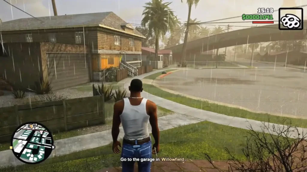 CJ bajo la lluvia en GTA San Andreas ejemplifica que son los videojuegos de mundo abierto y acción.