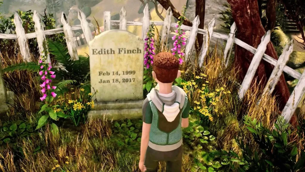 Personaje ante la tumba en Edith Finch, mostrando que son los videojuegos narrativos y emotivos.