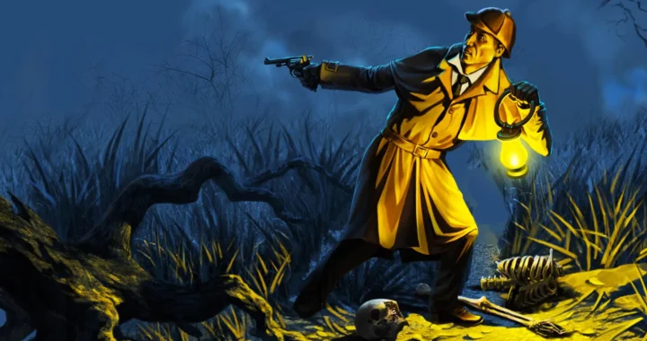 Ilustración de un videojuego de Sherlock Holmes empuñando una linterna y una pistola asustado en un bosque.