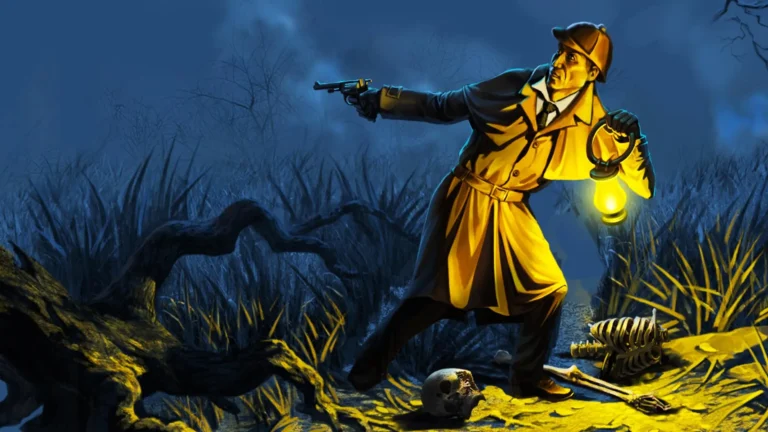 Ilustración de un videojuego de Sherlock Holmes empuñando una linterna y una pistola asustado en un bosque.