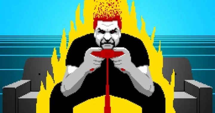 Ilustración de un gamer con ojos rojos y en llamas simboliza la rabia por las situaciones irritantes en los videojuegos.